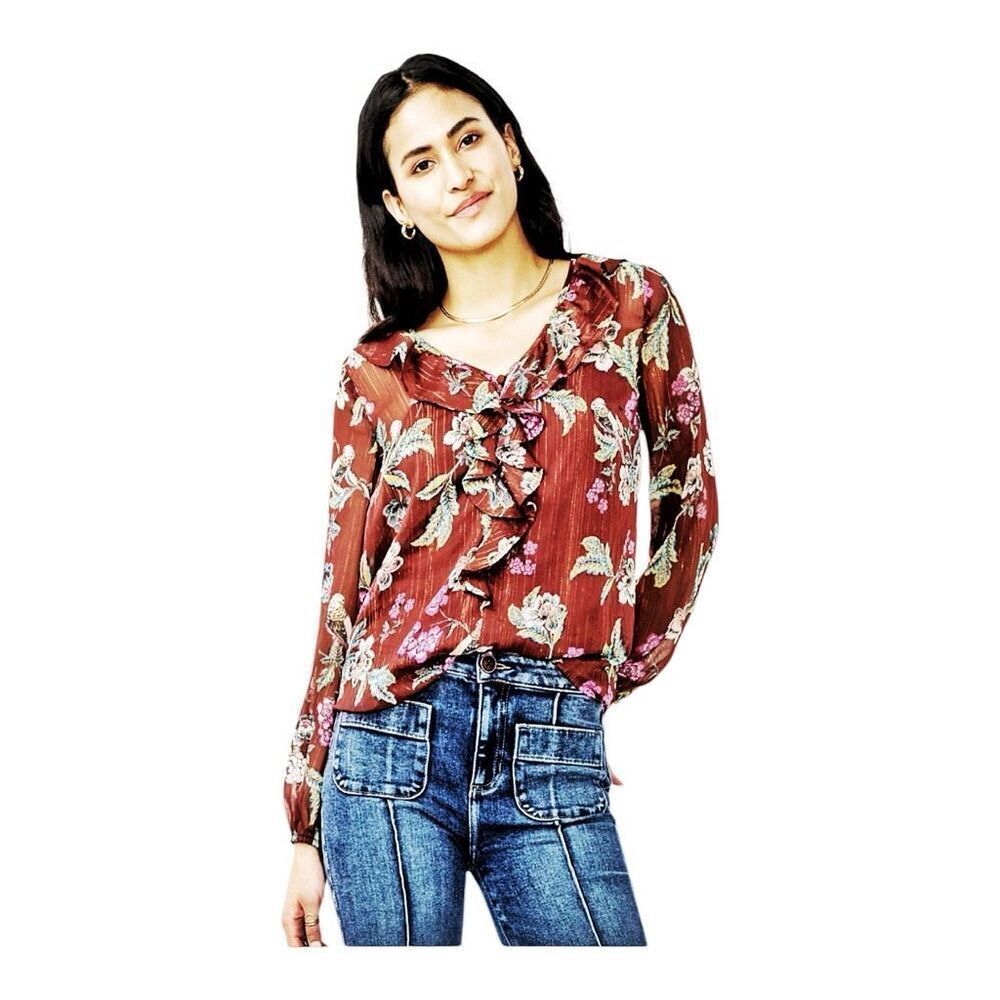 Lauren Conrad Burgundy Sparkle Ruffle Button Down Blouse Size Large‎